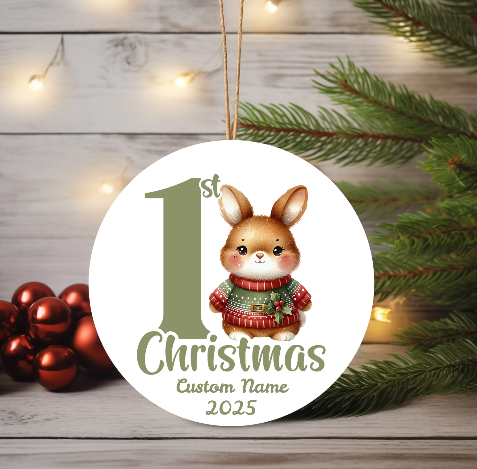 Rabbit Baby’s First Christmas Ornament 2025 – Personalized Holiday Keepsake