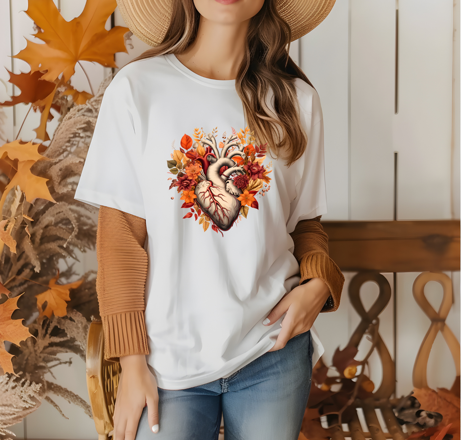 Anatomical Heart with Fall Flowers T-Shirt | Unique Fall Graphic Tee | Botanical Anatomy Shirt | Gift for Nature & Science Lovers