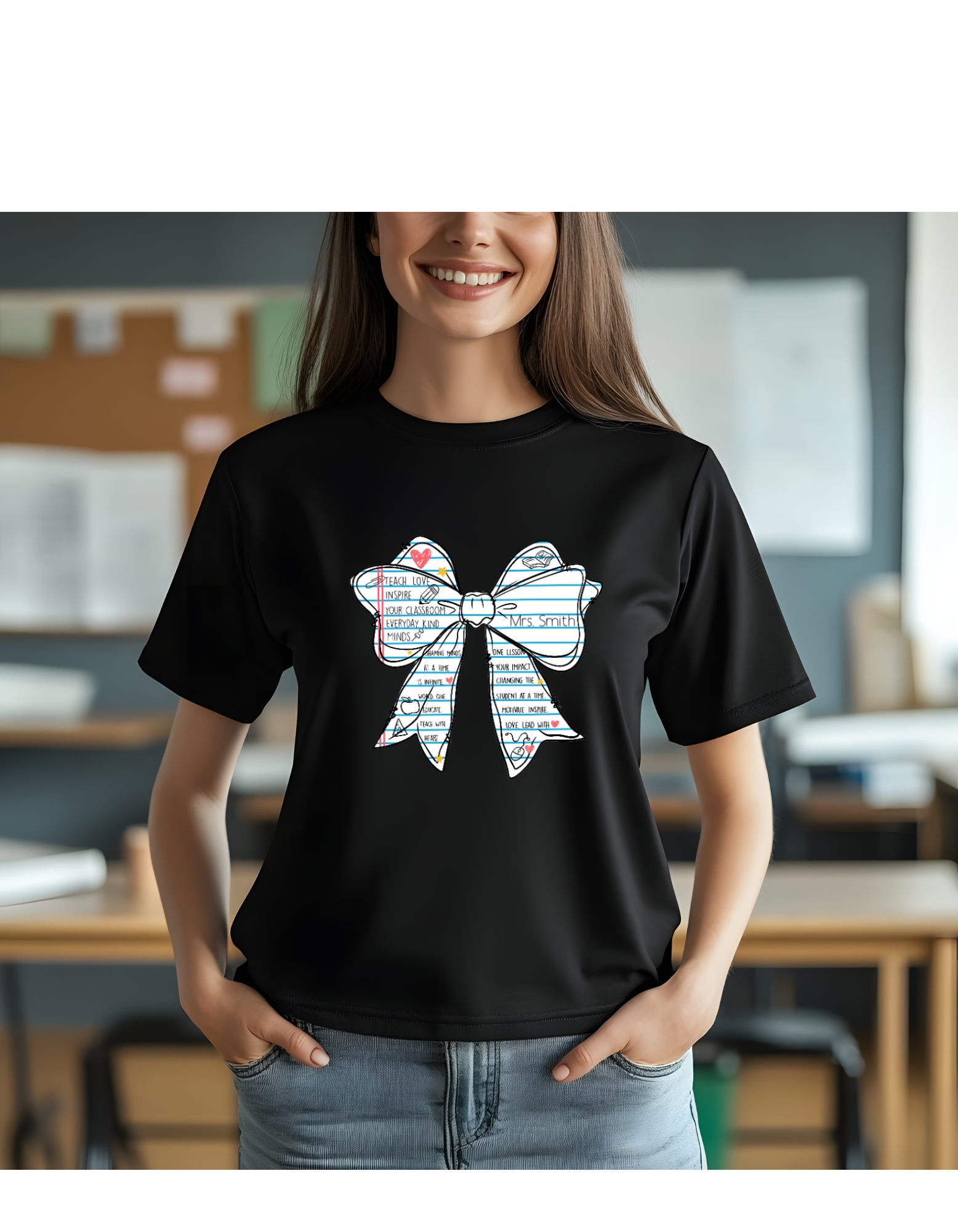 Personalized Teacher Bow T-Shirt: Custom Name, Teacher Appreciation Gift