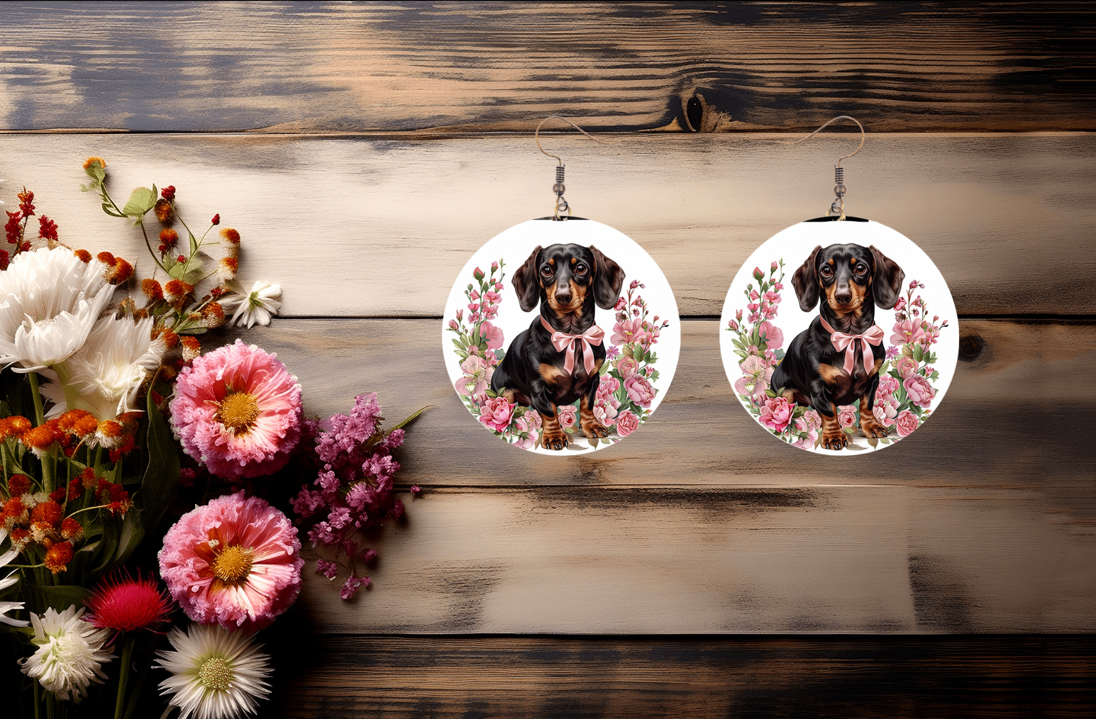 Round Dachshund Flower Pattern Earrings | Dog Lover Gift | Cute Pet Earrings | Made to Order