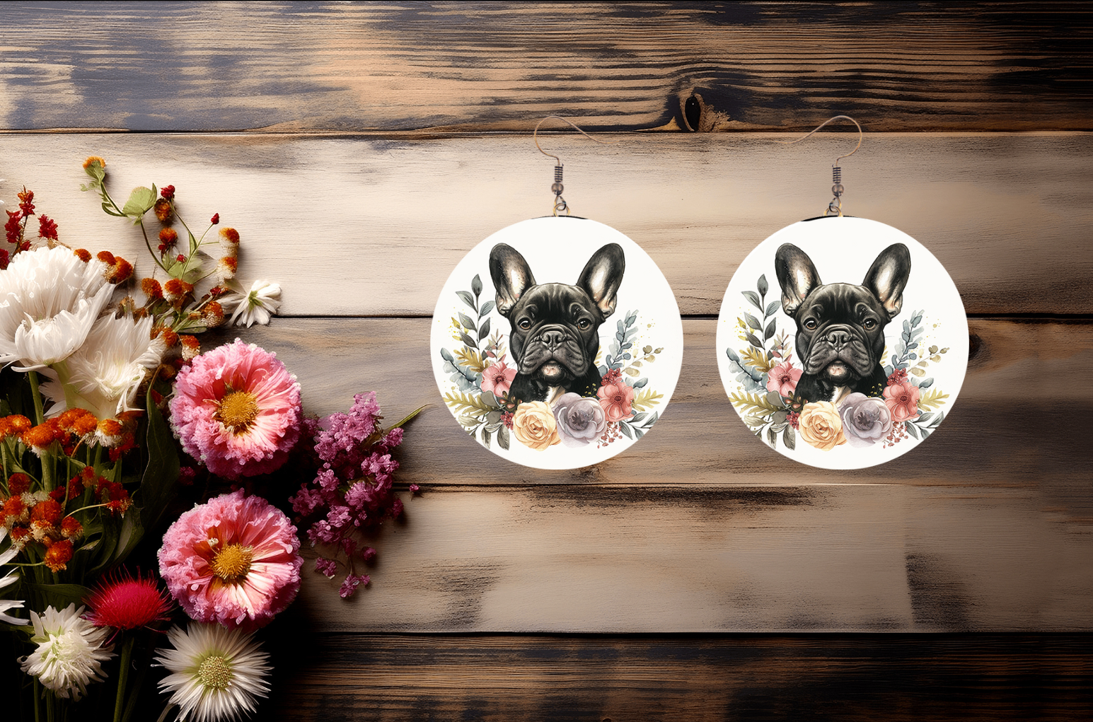 Round French Bulldog Flower Pattern Earrings | Dog Lover Gift | Cute Pet Earrings | Made to Order