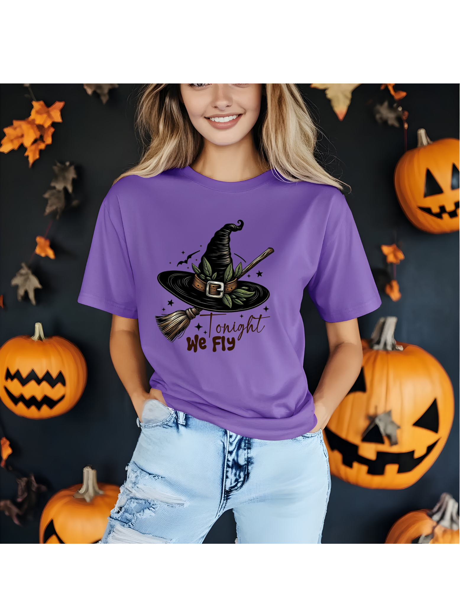 Tonight We Fly | Fun & Sassy Halloween T-Shirt | Witch Hat and Broom Graphic Tee