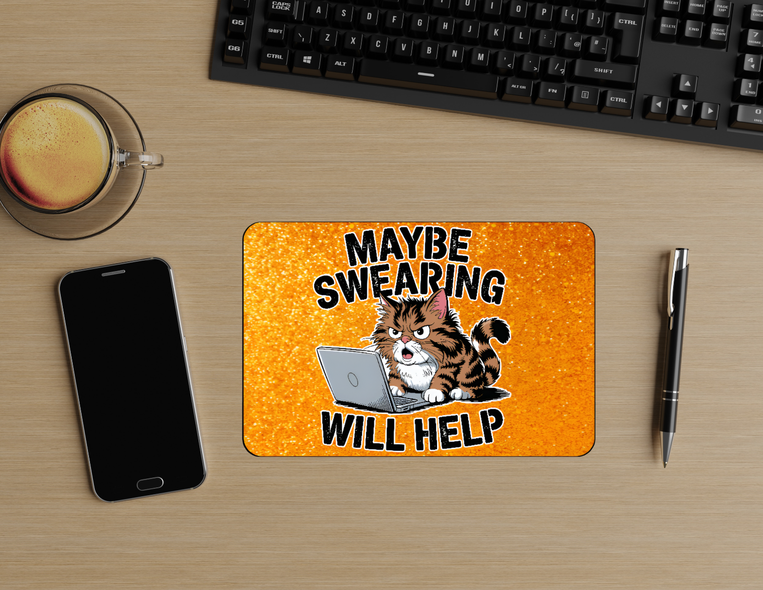 Cute & Funny Mouse Pad – “Maybe Swearing Will Help” (Angry Cat Design)
