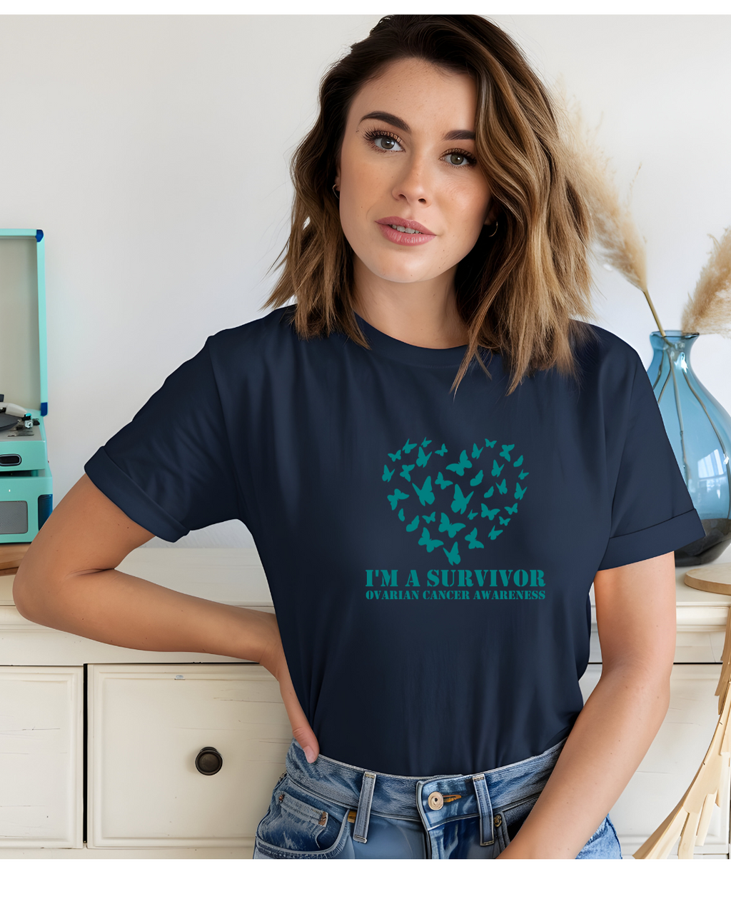 Ovarian Cancer Awareness T-Shirt | Teal Ribbon Support Tee | 1 dollar Donated to the American Cancer Society