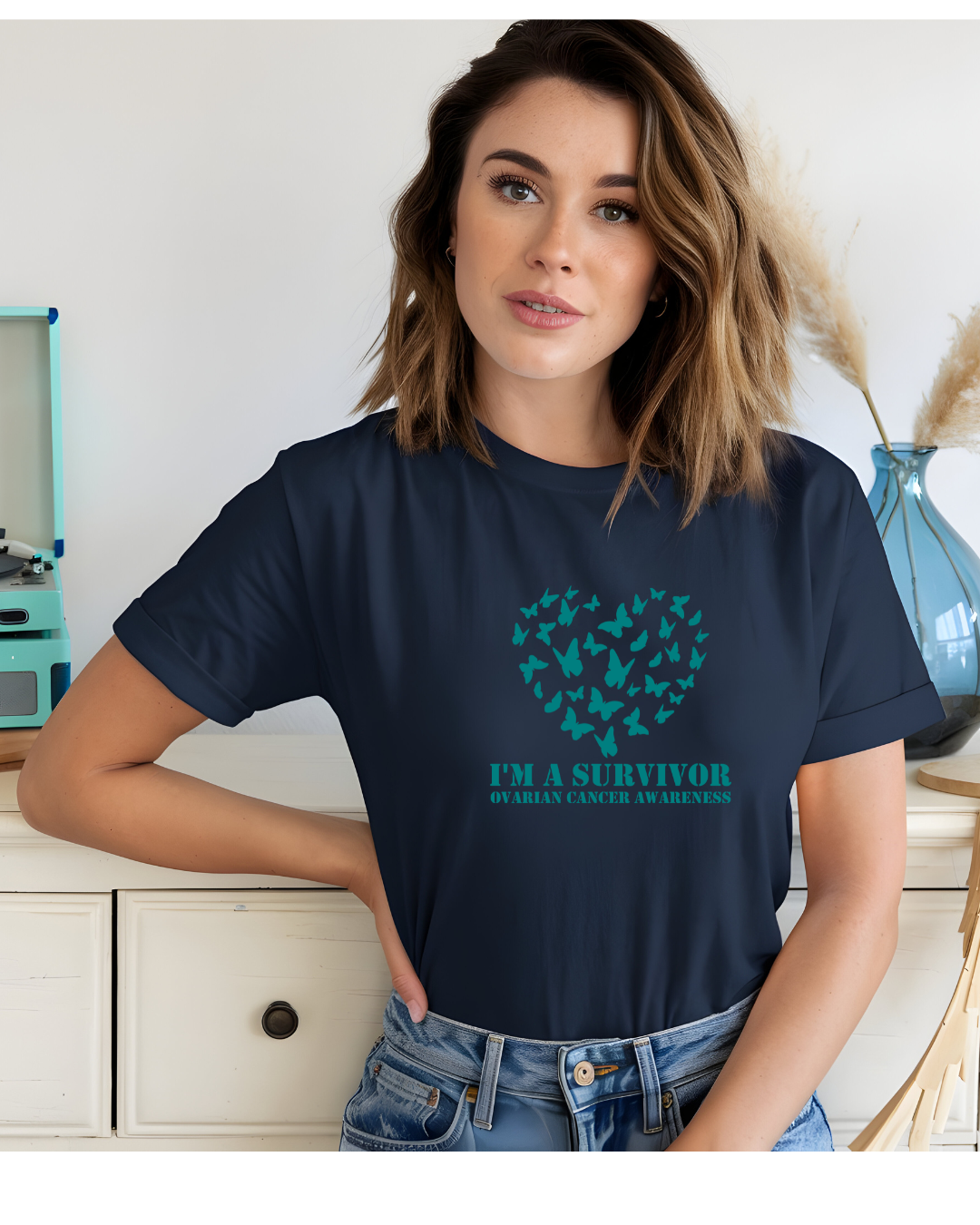 Ovarian Cancer Awareness T-Shirt | Teal Ribbon Support Tee | 1 dollar Donated to the American Cancer Society