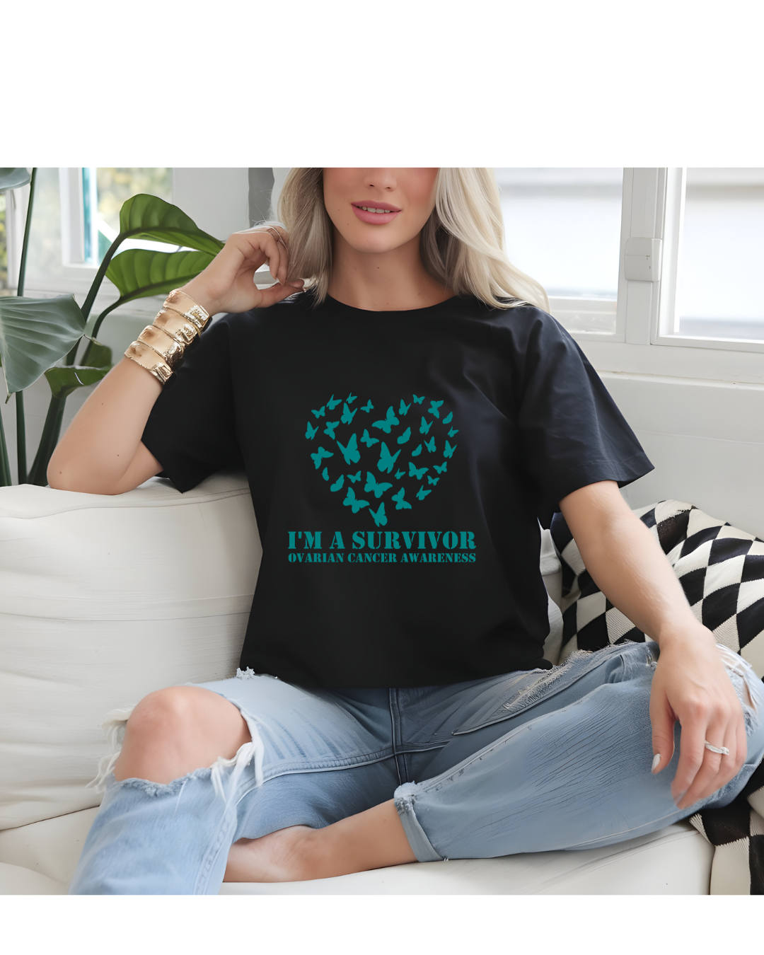 Ovarian Cancer Awareness T-Shirt | Teal Ribbon Support Tee | 1 dollar Donated to the American Cancer Society