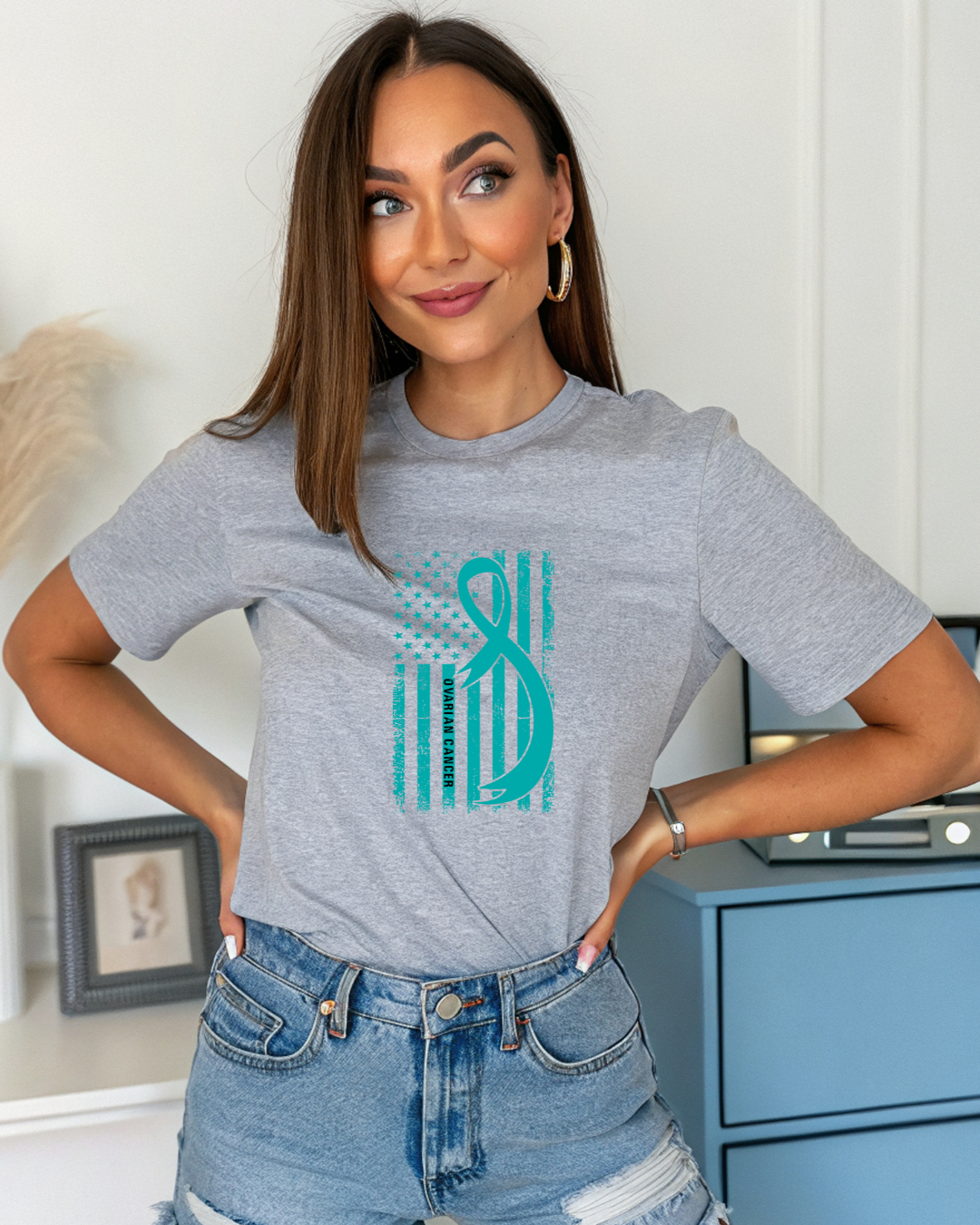 Ovarian Cancer Awareness T-Shirt | Teal Ribbon Support Tee | 1 dollar Donated to the American Cancer Society