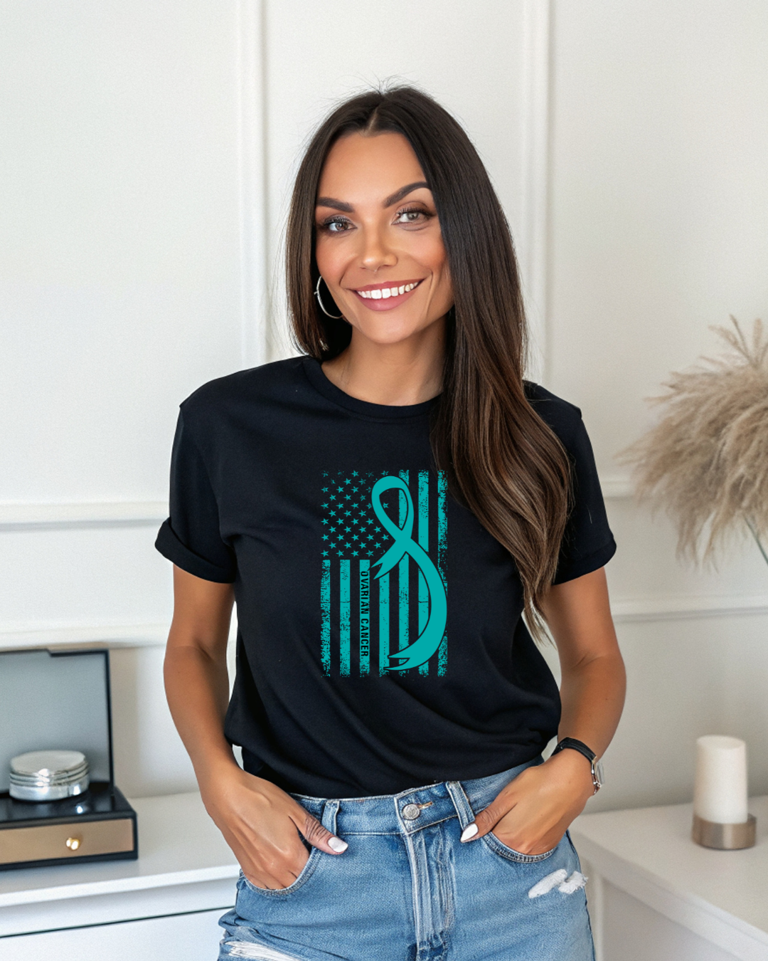 Ovarian Cancer Awareness T-Shirt | Teal Ribbon Support Tee | 1 dollar Donated to the American Cancer Society